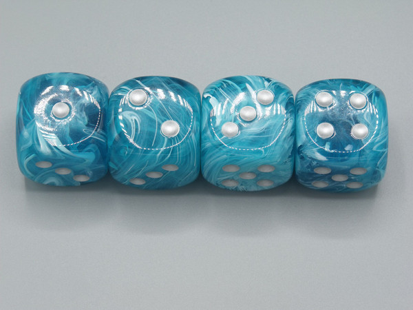 Four 30mm Cirrus Aqua dice showing the variation between dice.