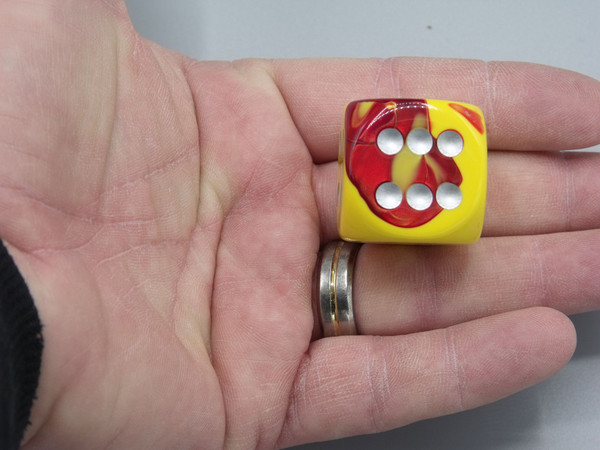 30mm Dice Gemini Red-Yellow with Silver Pips