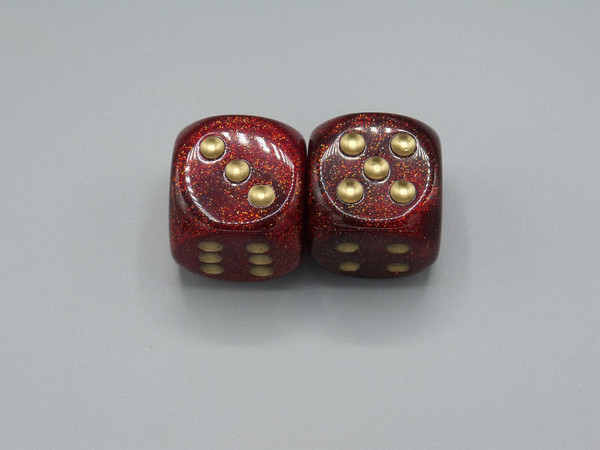 Two 30mm Glitter Ruby Red die with Gold Pips.