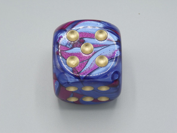 One 50mm Gemini Blue-Purple die with Gold Pips.