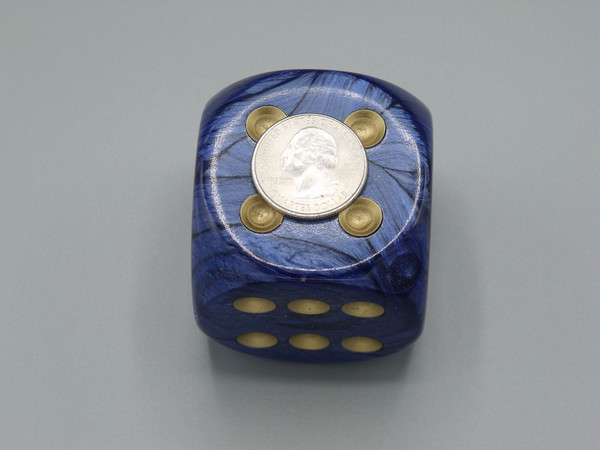 50mm Dice Scarab Royal Blue with Gold Pips with one quarter on the top to show size.