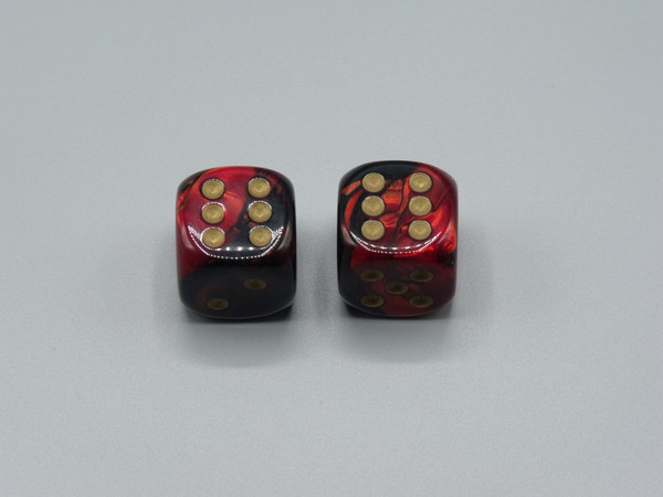 20mm Dice Gemini Black-Red with Gold pips d6 - pair of 2
