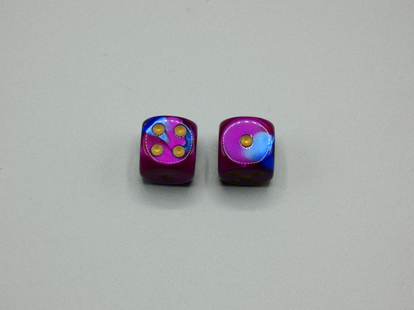 16mm dice Gemini Blue-Purple Gold pips d6 - pair of 2