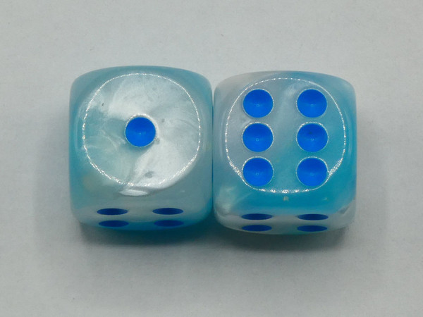 One pair of 16mm Gemini Pearl Turquoise and White d6 dice with blue pips.
