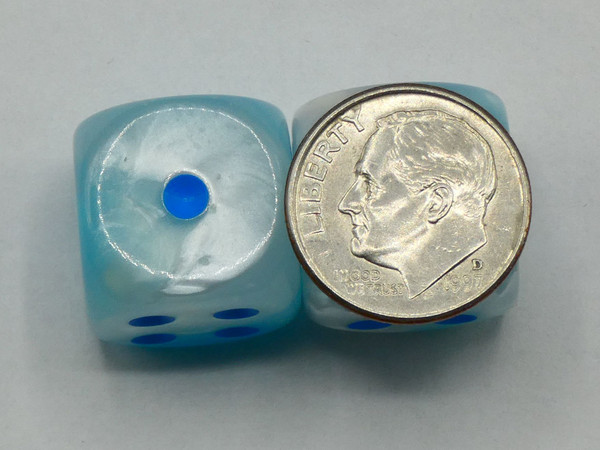 16mm d6 Gemini Pearl Turquoise and White with Blue pips - pair of 2
