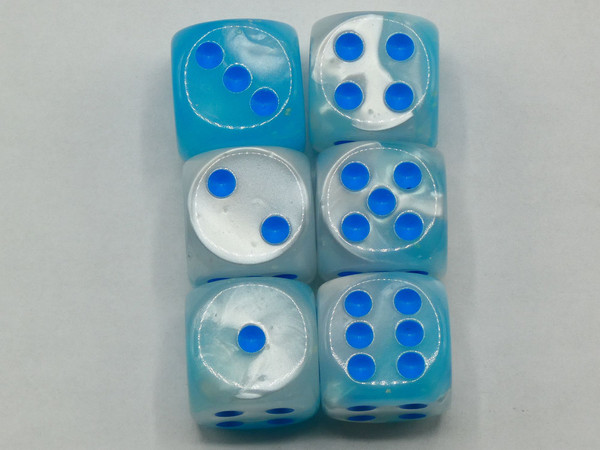 16mm d6 Gemini Pearl Turquoise and White with Blue pips - pair of 2