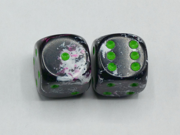 One pair of 16mm d6 Brush Paintball dice with Green pips.