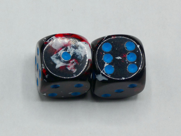 One pair of 16mm d6 Dice Brush Dark Side with Blue pips.