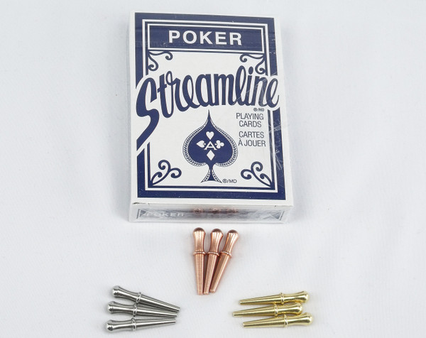 9 cribbage pegs with a blue deck of cards.  The pegs are steel, copper, and brass.
