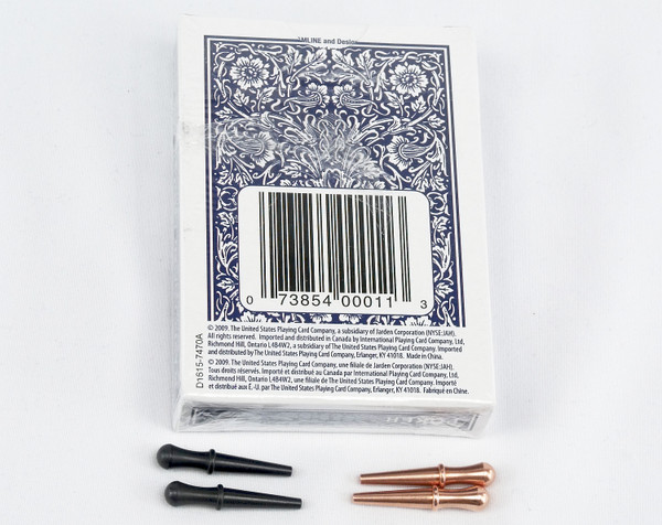 4 cribbage pegs with a blue deck of cards.  The pegs are copper and black.