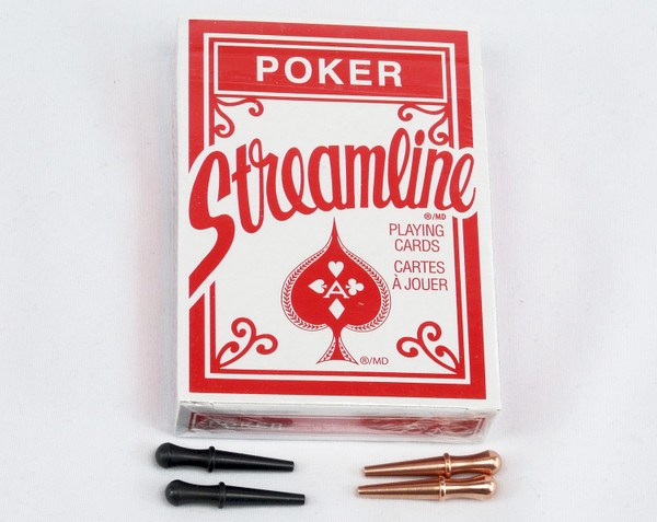 4 cribbage pegs with a red deck of cards.  The pegs are copper and black.