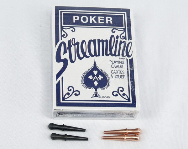 4 cribbage pegs with a blue deck of cards.  The pegs are copper and black.