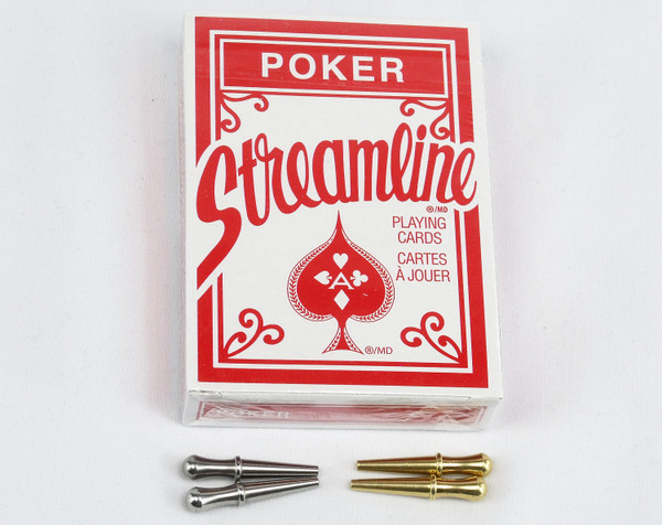 4 cribbage pegs with a red deck of cards.  The pegs are brass and steel.