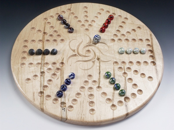 6 player side of the Aggravation 4 Player / 6 Player Combination board in Ambrosia Maple with the marbles and die.