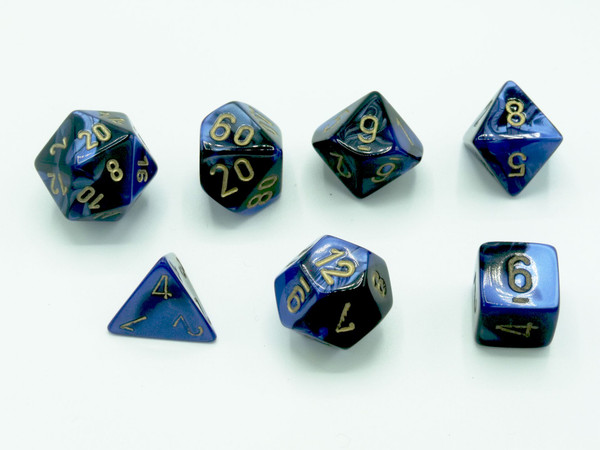 Polyhedral 7 die set - Gemini Black-Blue with Gold pips