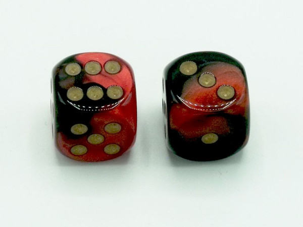 One pair of 16mm Gemini Black-Red d6 dice with gold pips.