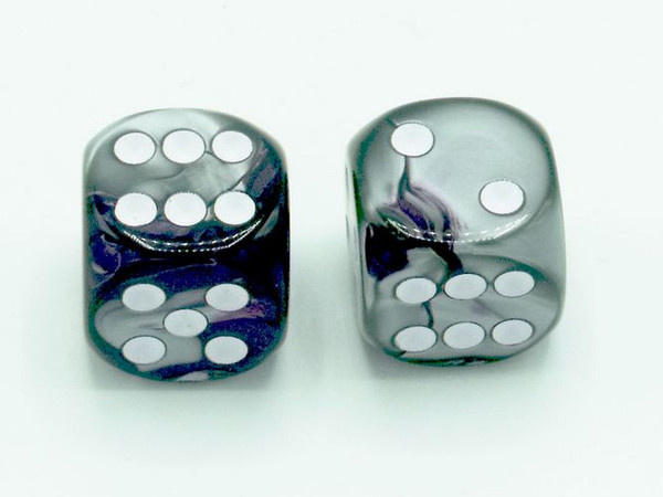 One pair of 16mm Gemini Purple-Steel d6 dice with white pips.