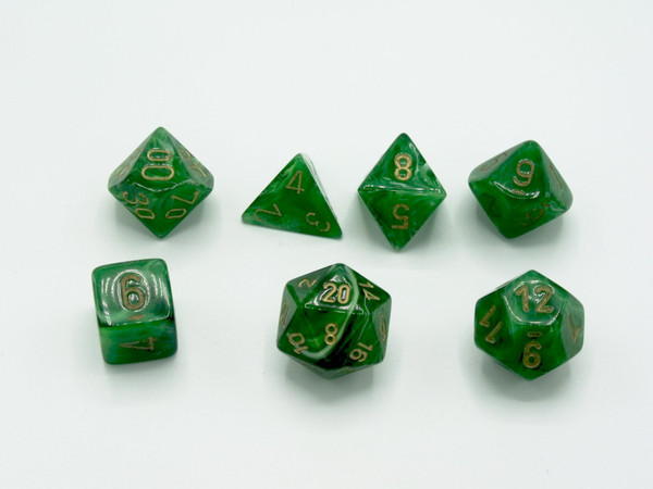 Polyhedral 7 die set of the Vortex Green line.  The dice are a swirled green with gold numbers.