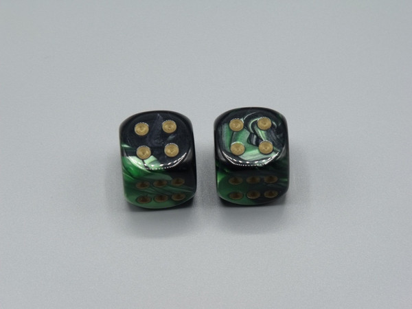 20mm Dice Gemini Black-Green with Gold pips d6 - pair of 2