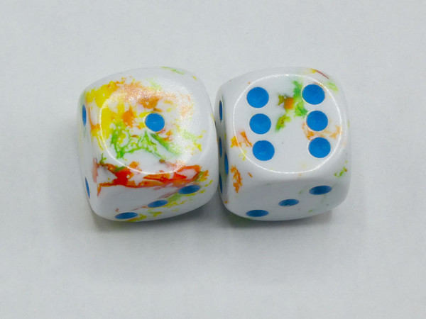 A pair of 16mm d6 Brush Breezy dice with Blue pips.