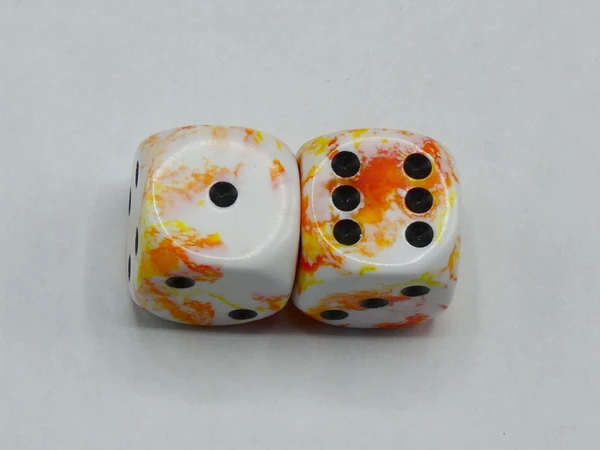 One pair of 16mm Brush Sunrise d6 Dice with black pips (pair of 2)