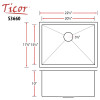 22.5" Ticor S3660 Pacific Series 16-Gauge Stainless Steel Undermount Single Basin Zero Radius Kitchen/Laundry Sink