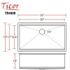32" Ticor TR4000 Bradford Series 16-Gauge Stainless Steel Undermount Graduated Basin Ledge Single Basin Zero Radius Kitchen Sink
