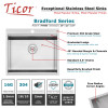 25" Ticor TR4060 Bradford Series 16-Gauge Stainless Steel Overmount Graduated Basin Ledge Single Basin Zero Radius Kitchen Sink