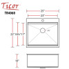 25" Ticor TR4060 Bradford Series 16-Gauge Stainless Steel Overmount Graduated Basin Ledge Single Basin Zero Radius Kitchen Sink