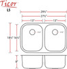 29.5" Ticor L5 Foster Series 18-Gauge Stainless Steel Undermount Double Basin Kitchen Sink