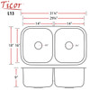 31.25" Ticor L13 Foster Series 18-Gauge Stainless Steel Undermount Double Basin Kitchen Sink 31.25" Ticor L13 Foster Series 18-Gauge Stainless Steel Undermount Double Basin Kitchen Sink