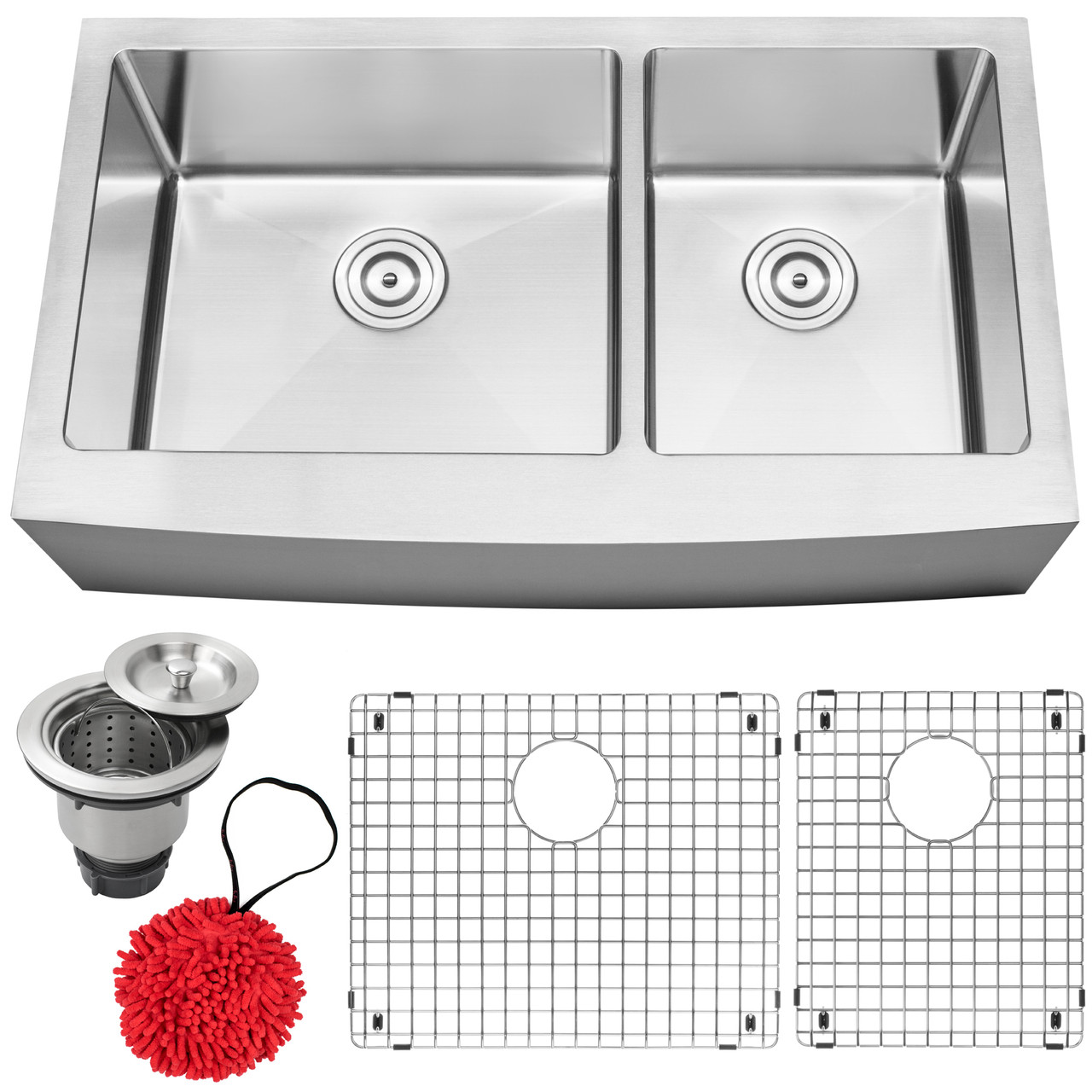 36 Ticor S4416 Bryce Series Curved Apron Front 16 Gauge Stainless Steel Double Basin Kitchen Sink