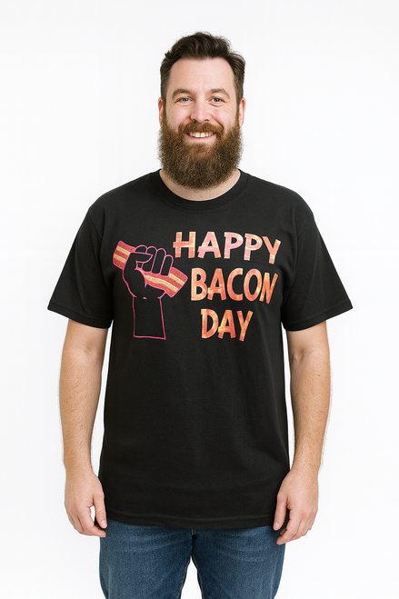 HAPPY BACON DAY TEE SHIRT BLACK MEDIUM HAPPY BACON DAY TEE SHIRT BLACK MEDIUM