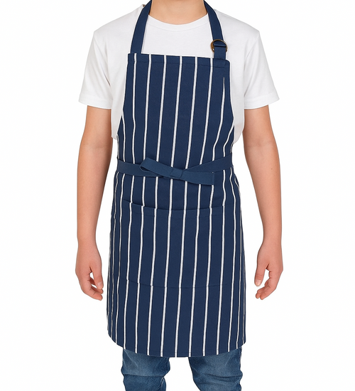 Child Junior Butchers Bib Apron NAVY/White Vertical Pinstripe, Front Pocket