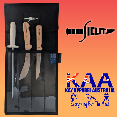 SICUT Field Beechwood Handle Knife Set 4 Piece with Australian Made Canvas Knife Wrap