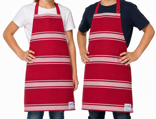Junior Traditional Butchers Bib Apron Red White, Front Pocket