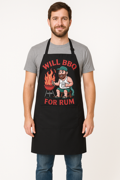 BBQ Apron With Pocket "WILL BBQ FOR RUM" printed