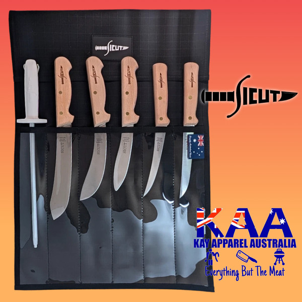 SICUT Rural Knife Set Beechwood Handle 7 Piece with Australian Made Canvas Knife Wrap