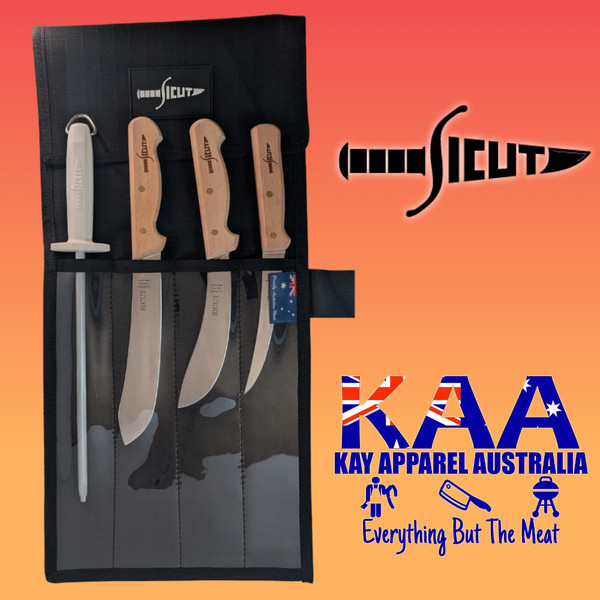 SICUT Butcher Knife Set Beechwood Handle 5 Piece with Australian Made Canvas Knife Wrap