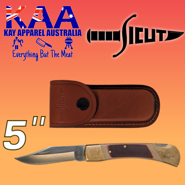 SICUT Traditional Lockback Folding Knife 5 inch with Leather Belt Pouch Sawcut Handle