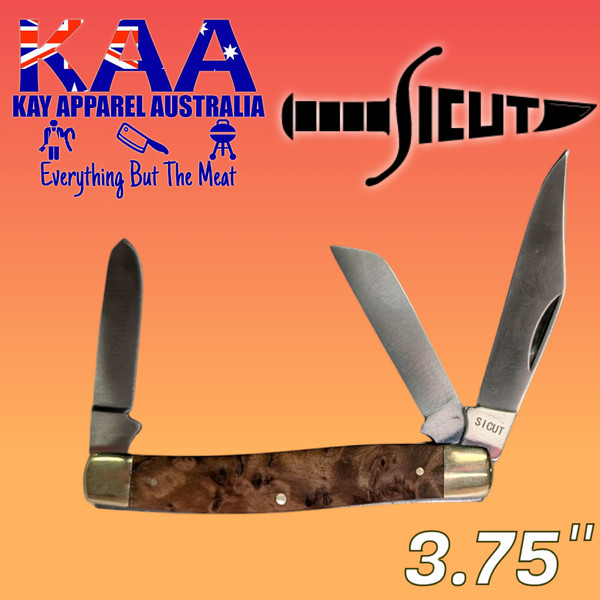 SICUT Traditional Stockman Folding Knife 3.75 inch Burlwood Handle