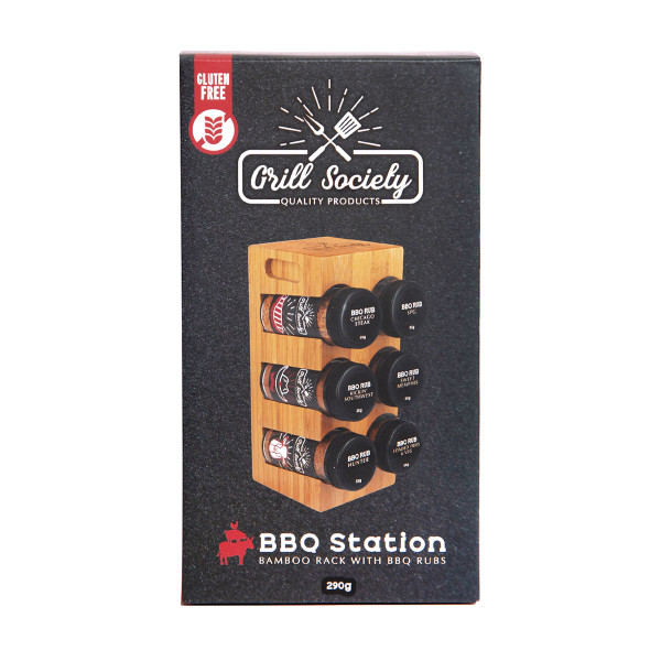 Grill Society BBQ Station 6 Piece BBQ Rub Set with Bamboo Rack Gift Box