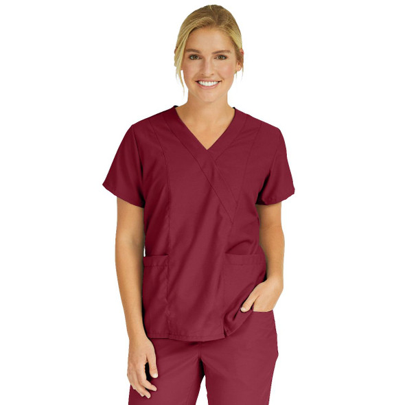 PerforMAX Women's Mock-Wrap Tunic Scrub Tops with 2 Pockets - Wine