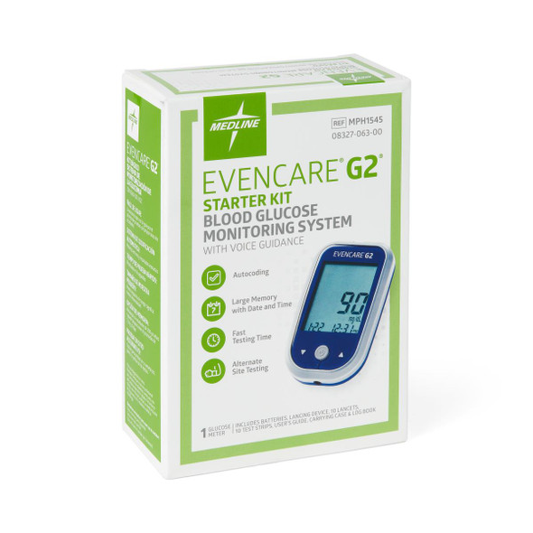 EVENCARE G2 Blood Glucose Monitoring System Starter Kit, Includes Meter with Voice Guidance, Lancing Device, 10 Lancets, 10 Test Strips, Batteries, Carrying Case, User's Guide, and Log Book