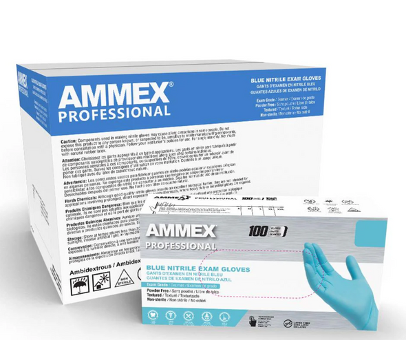 Ammex® Blue Nitrile Exam Gloves - Disposable, Powder-Free, Smooth, Polymer-Coated, 100/Box, 10 Boxes/Case
