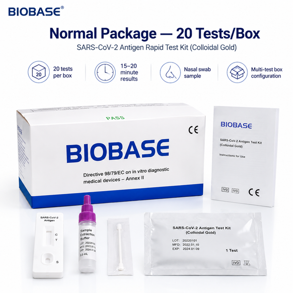 BIOBASE Quick Inspection SARS-CoV-2 Antigen Rapid Test Kit — Colloidal Gold, Nasal Swab, 15–20 Minute Results, 20 Tests/Box