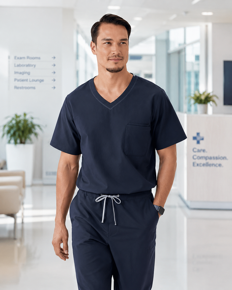 Classico U09 Men’s MOVE Premium Motion Pullover Scrub Top — Navy, Lightweight High-Stretch Quick-Dry Medical Uniform | US/EU Sizes S–XXL