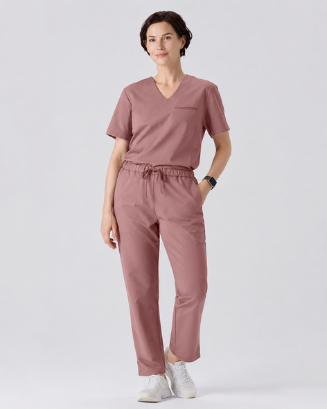 Classico H03 Women’s LUXE Silky Shine Scrub Top — Pink, Silk-Luster Stretch Jersey Medical Uniform | US/EU Sizes S–XXL