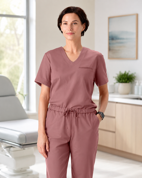Classico H03 Women’s LUXE Silky Shine Scrub Top — Pink, Silk-Luster Stretch Jersey Medical Uniform | US/EU Sizes S–XXL
