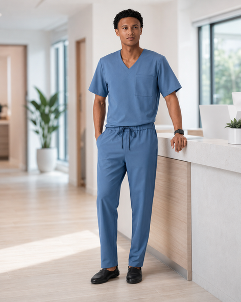 Classico U04 Men’s LUXE Silky Shine Scrub Pants — Slate Blue, Tapered Stretch Jersey Medical Uniform | US/EU Sizes S–XXL